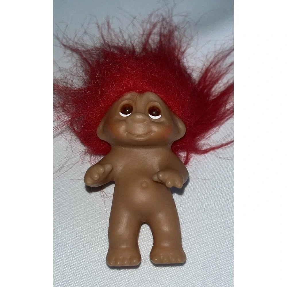 Vintage 1985 DAN Troll Doll 3' Red Hair Amber Eyes No Clothes Plastic Tag Loop